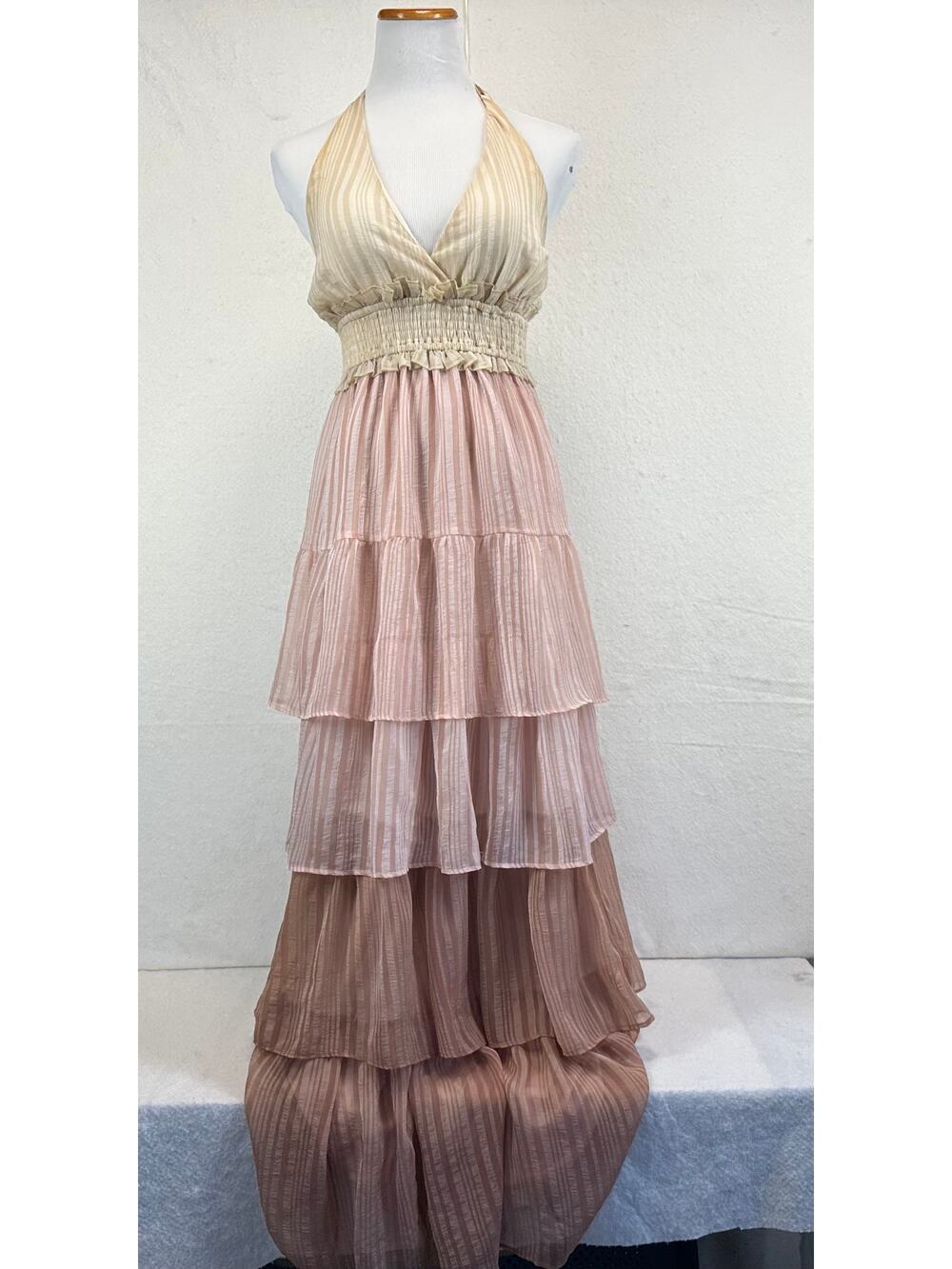 A. Calin Tiered Maxi Dress Halter Neutral Layered Skirt Open Back Size S
